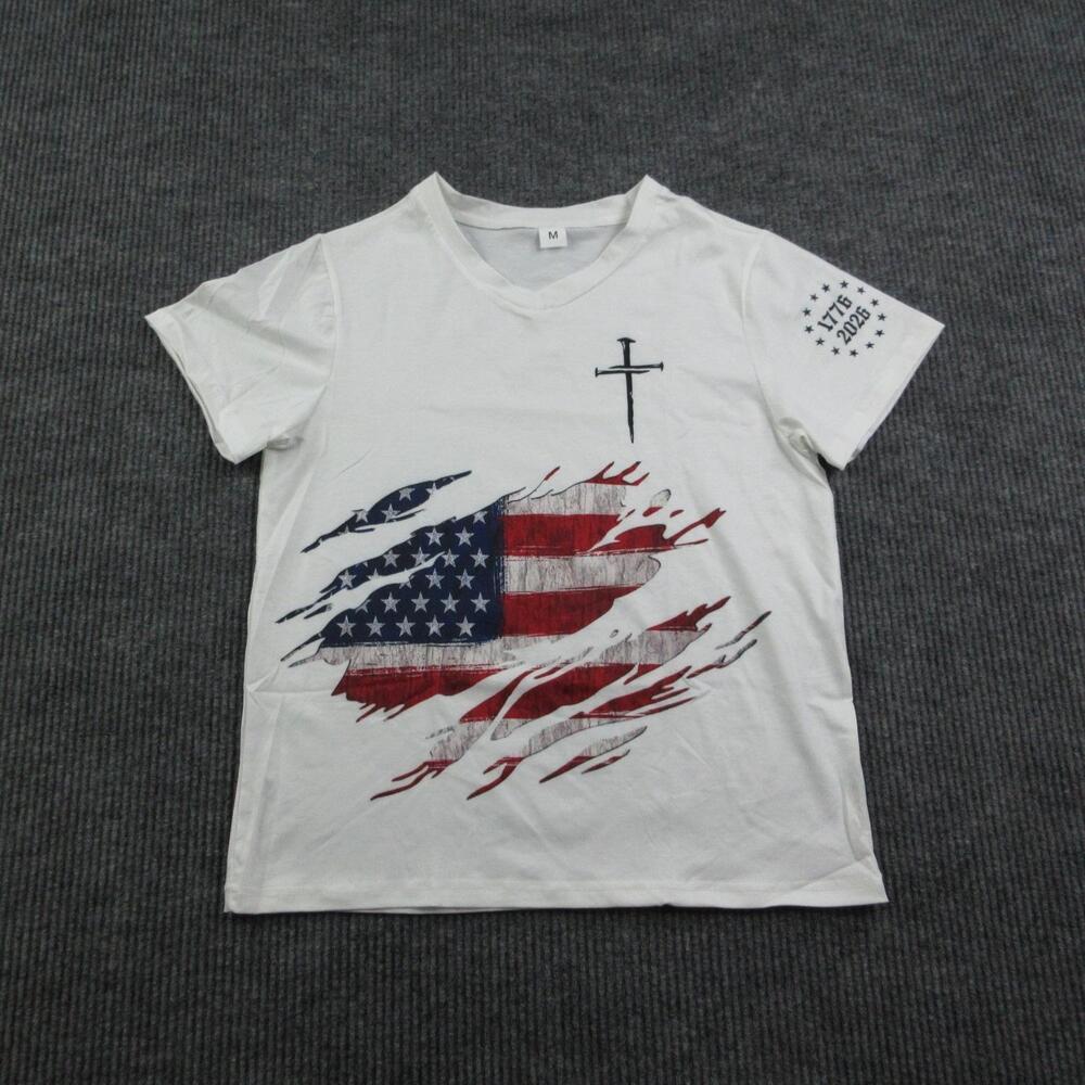 American Flag Cross Shirt Mens M White V-Neck Cotton Patriotic Graphic Tee